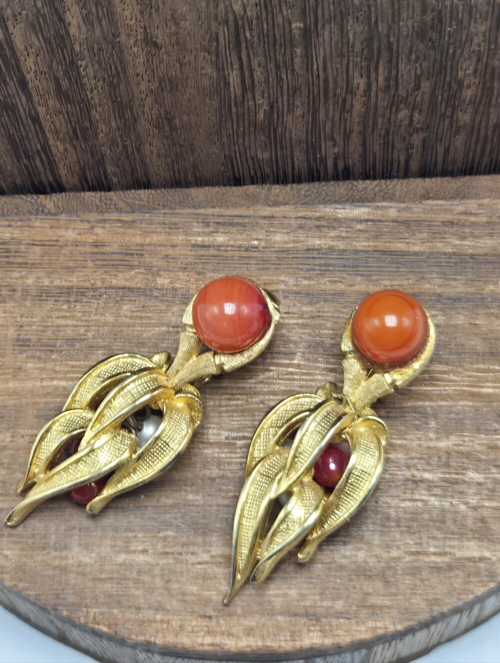 50's Marcel Boucher Earrings Clip-On Carnelian Faux Pearl Dangles MCM Jewelry
